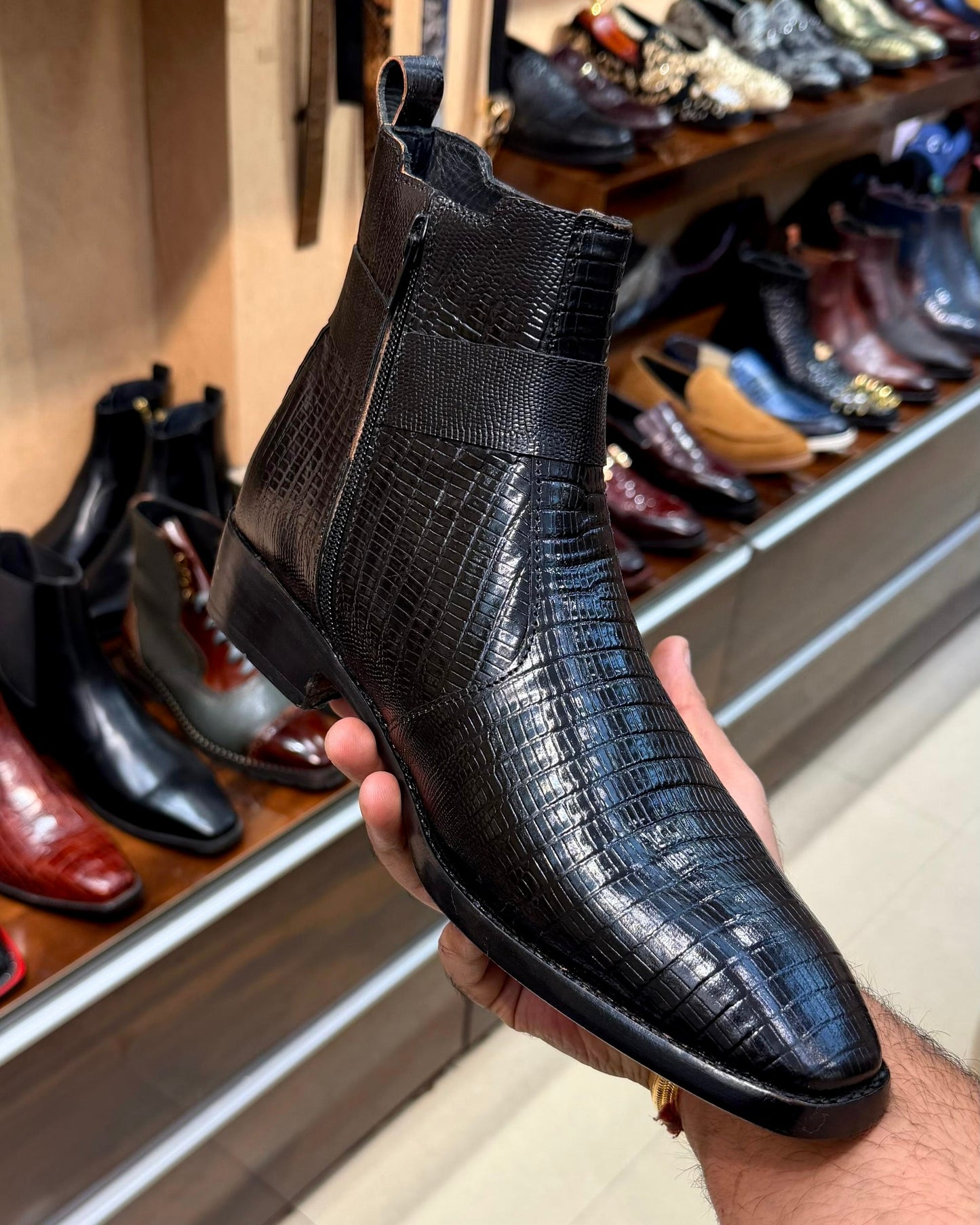 Black Lizard Scaled Leather Zip Boots