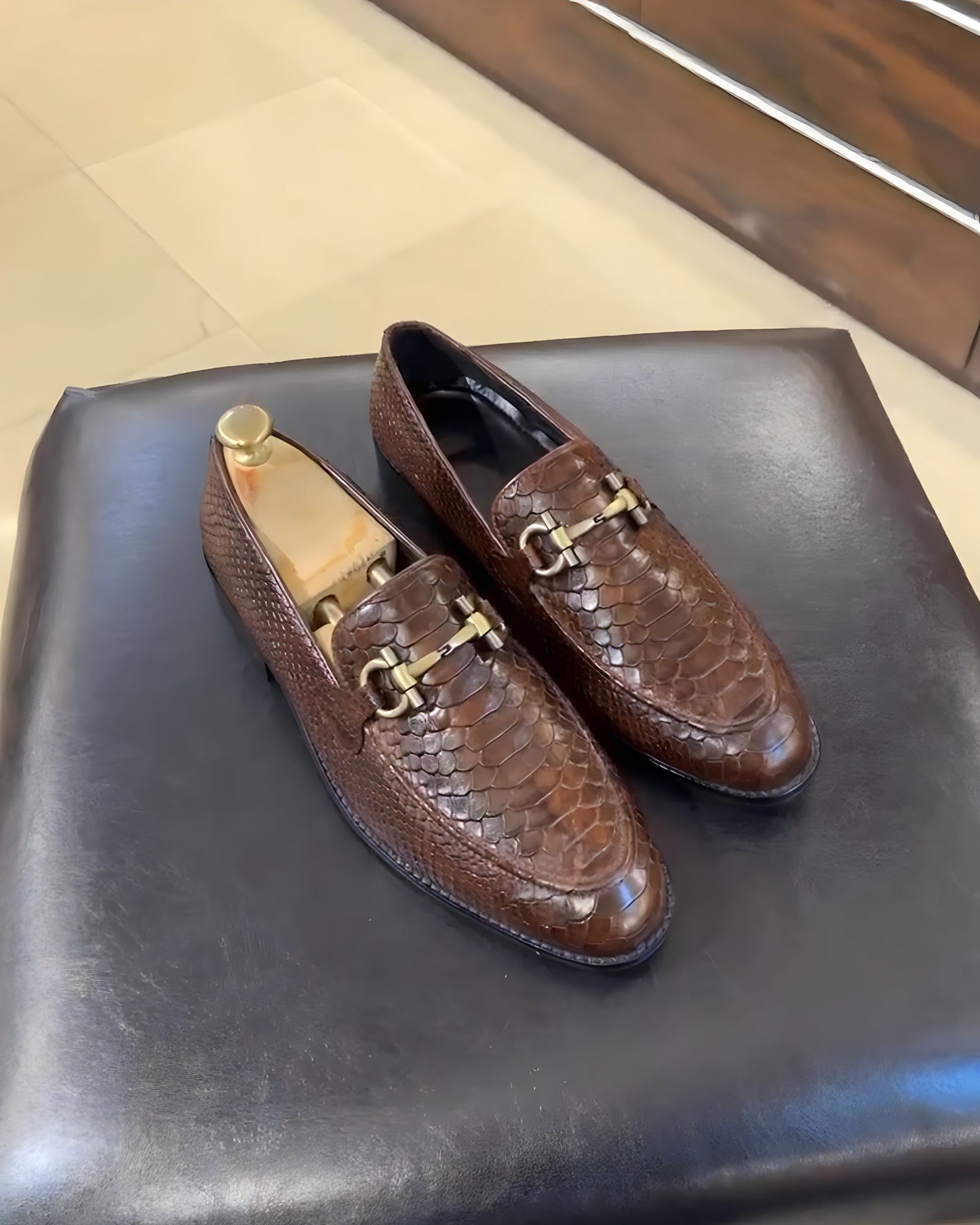 Brown Patina Cobra Scaled Leather Moccasins