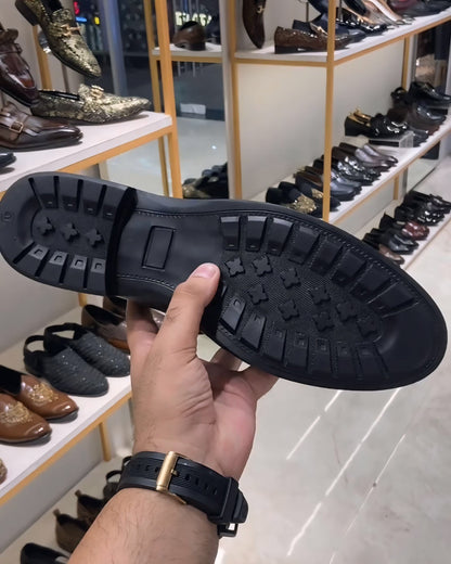 Matt Black Croc Scaled Moccasins with Rubber Sole