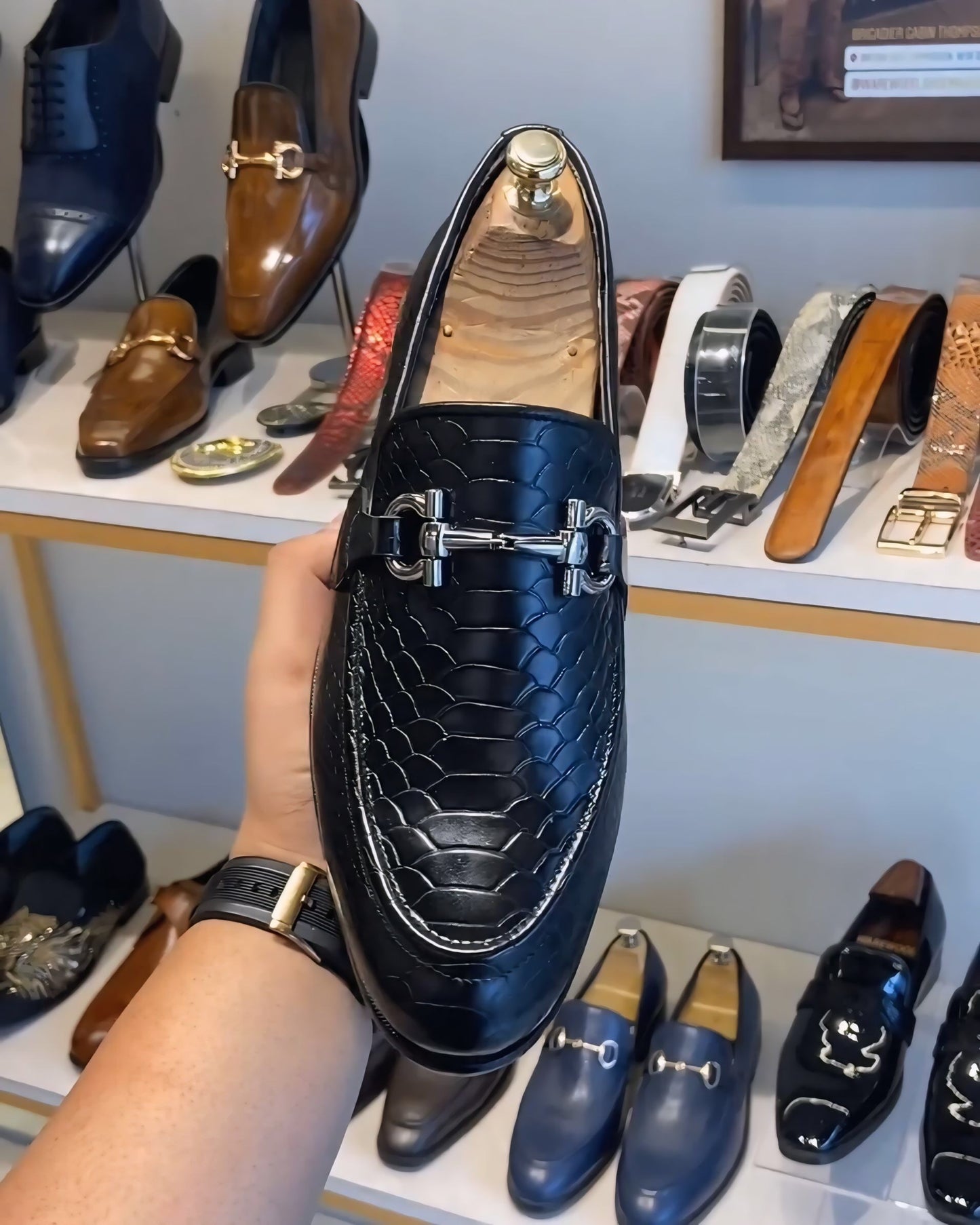 Classic Black Cobra Scaled Loafers