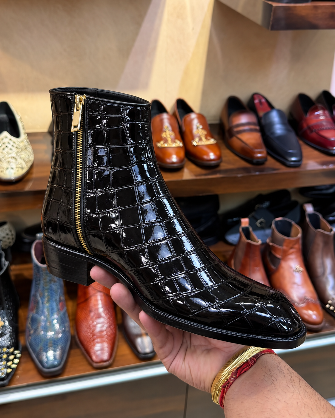 Black Patent Crocodile Zip Boots with Cuban Heel
