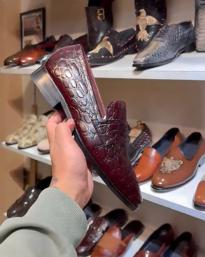 Crocodile Scaled T-Shape Penny Loafers in Wine Shade