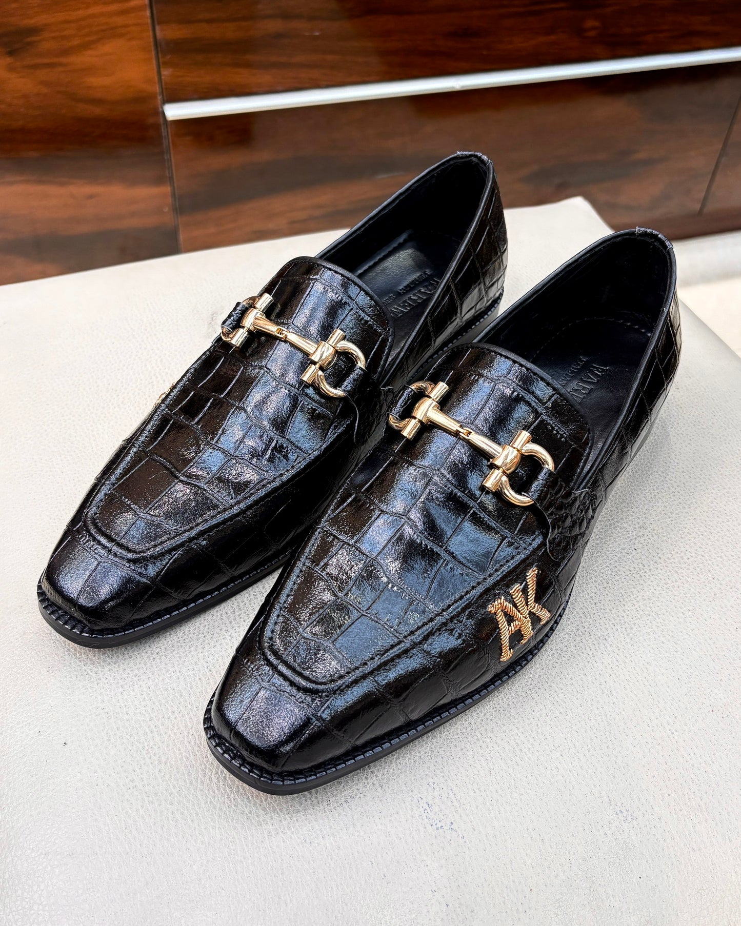 Black Italian Smooth Croco Gold Horsebit Loafers with “AK” Initials