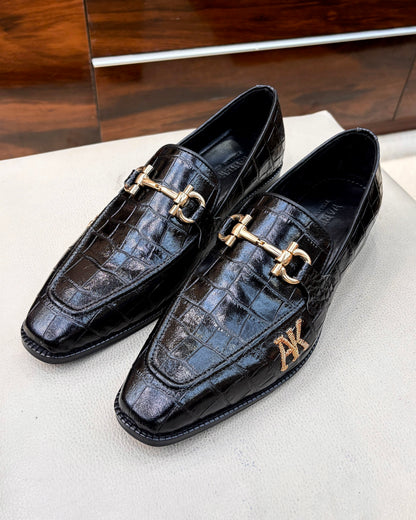 Black Italian Smooth Croco Gold Horsebit Loafers with “AK” Initials