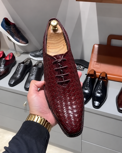 Burgundy Hand-Woven Leather Wholecut Oxfords