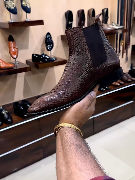 Brown Cobra Scaled Chelsea Boots