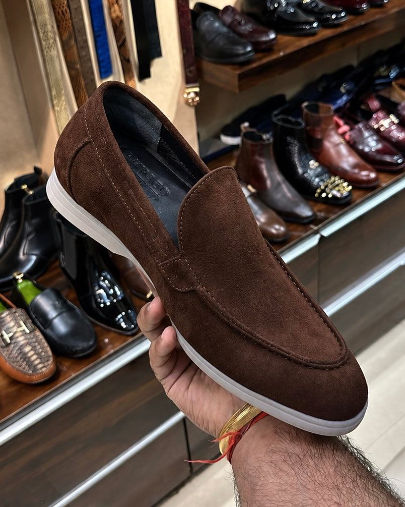 Dark Brown Suede Yacht Loafers With White Sole