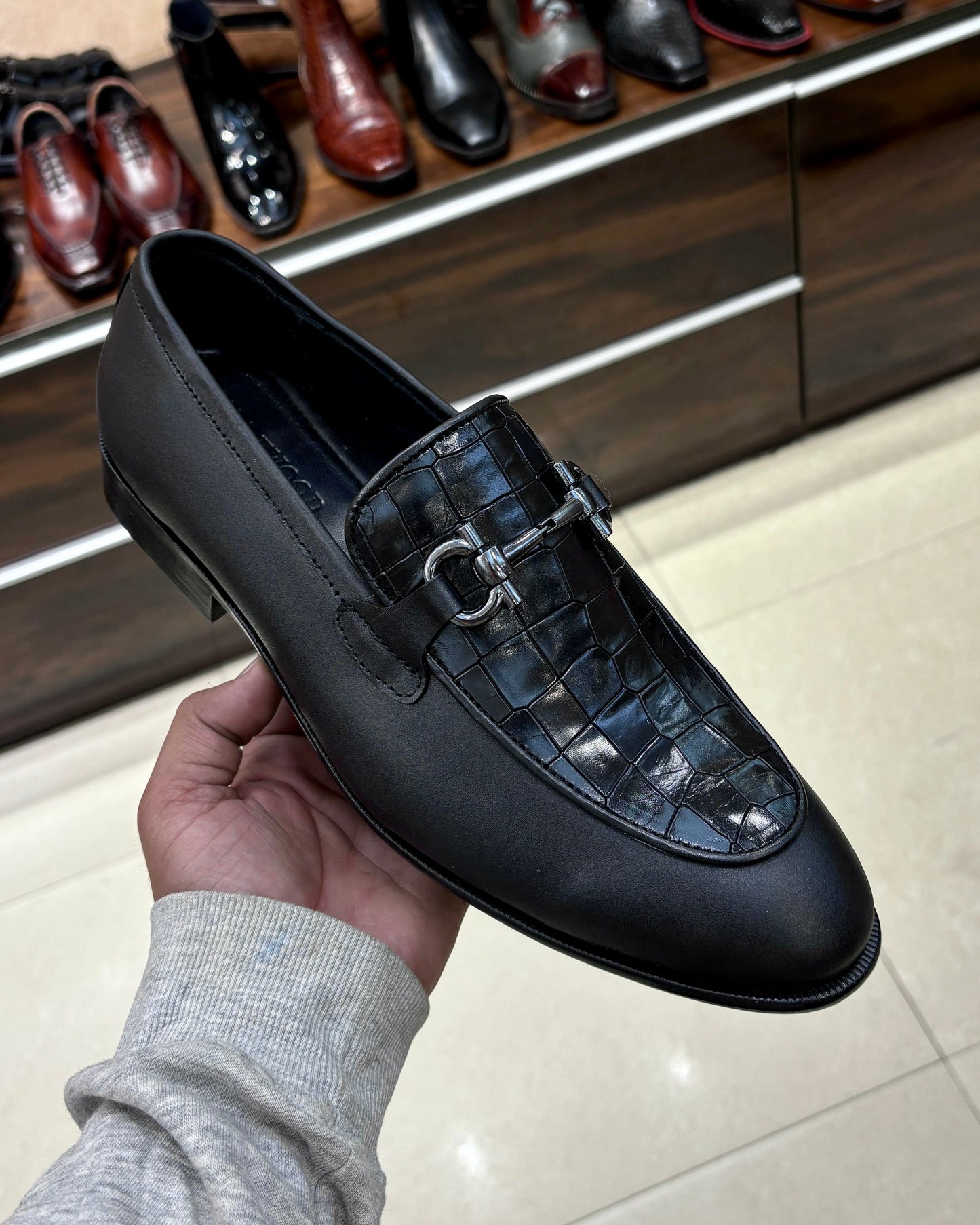 Black Matte Finish Leather & Crocodile Scaled Horsebit Loafers