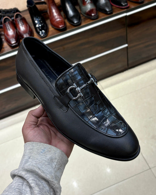 Black Matte Finish Leather & Crocodile Scaled Horsebit Loafers