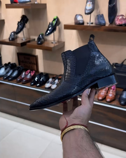 Black Cobra Scaled Red Bottom Zipper Boots