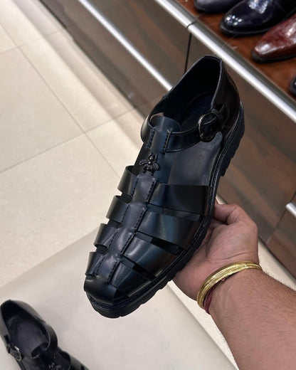 Black Italian Leather Boot Sole Sandals