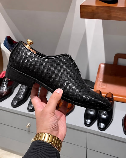 Black Hand-Woven Leather Wholecut Oxfords