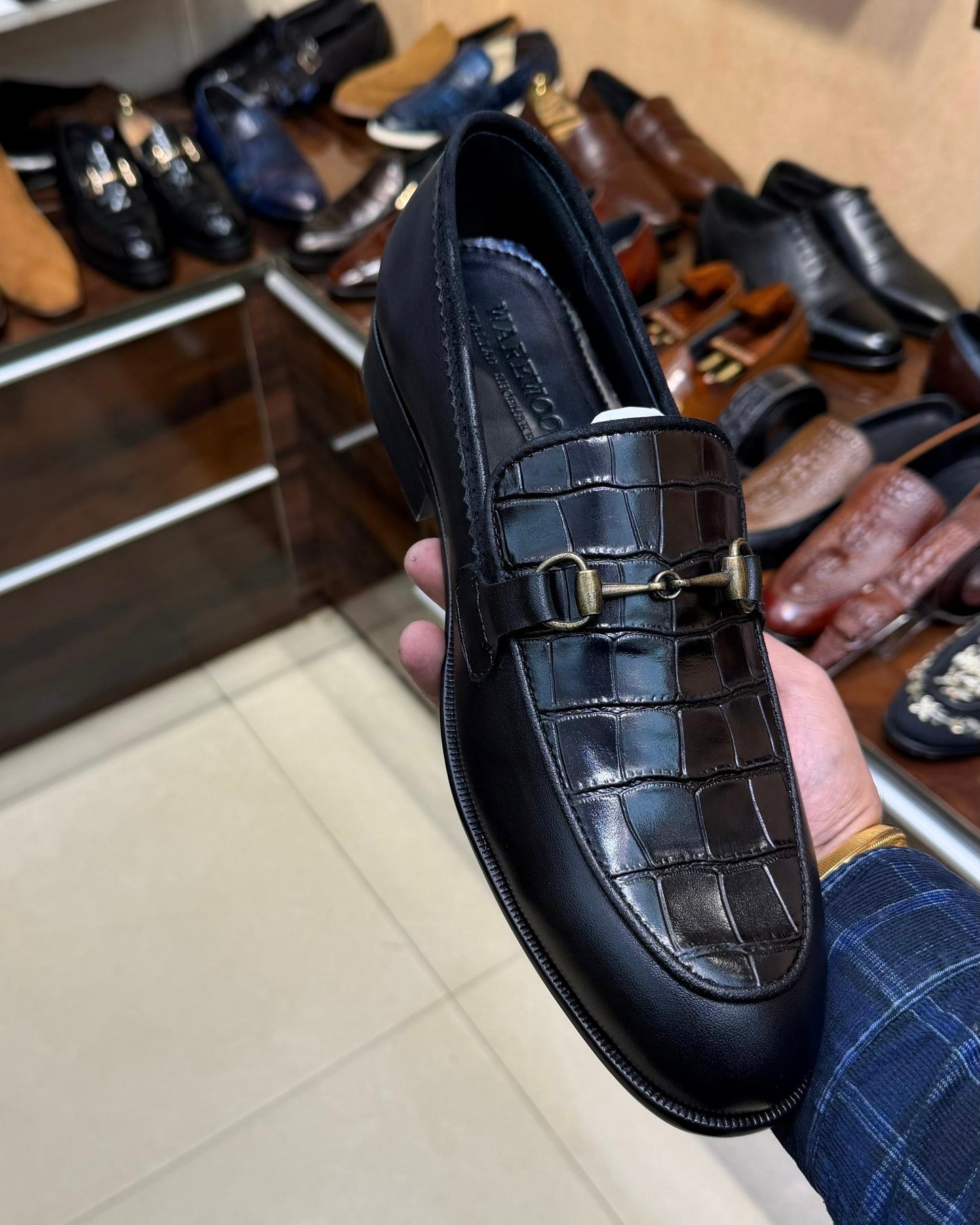Jet Black Italian Crocodile Scaled Horsebit Loafers