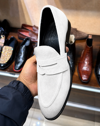 Classic White Suede Penny Loafers
