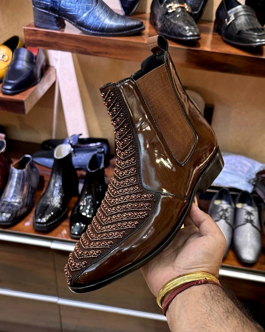 Walnut Brown Embroidered Zipper Boots