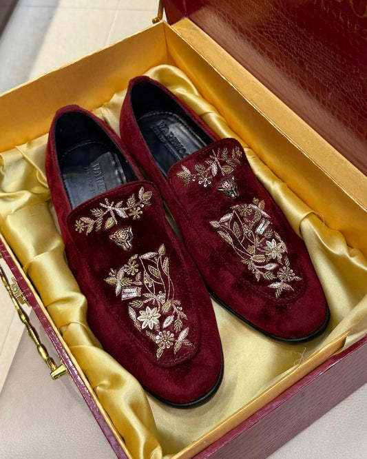 Burgundy Velvet Gold Hand-embroidered Loafers