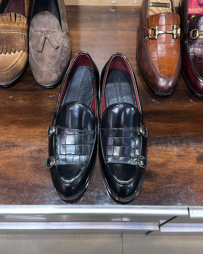 Italian Smooth Calf Croc Double Monk Loafers