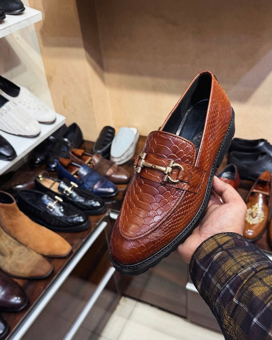 Dark Tan Cobra Scaled Horsebit Loafers with Lug Sole