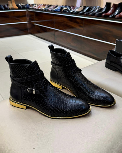 Black Cobra Scaled Jodhpur Boots with Gold Heel & Side Welt