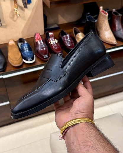 Black Calfskin Leather Penny Loafers