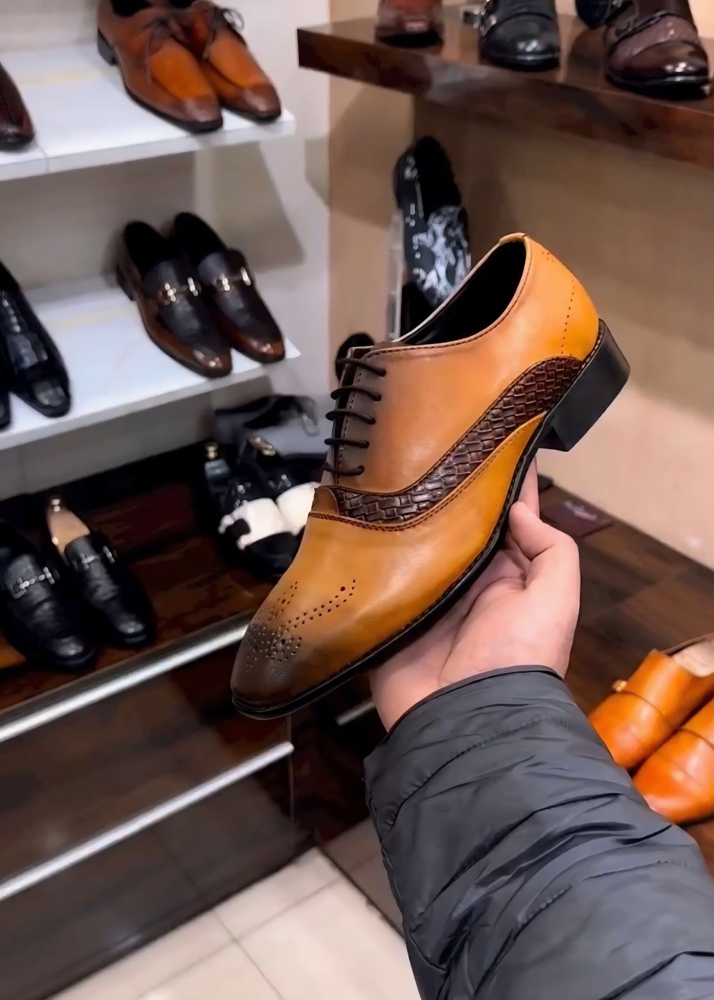 Tan Patina Brogue Braided Oxfords
