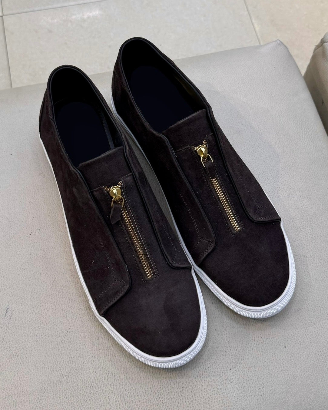 Dark Brown Suede Low-top Sneakers with Gold Zip