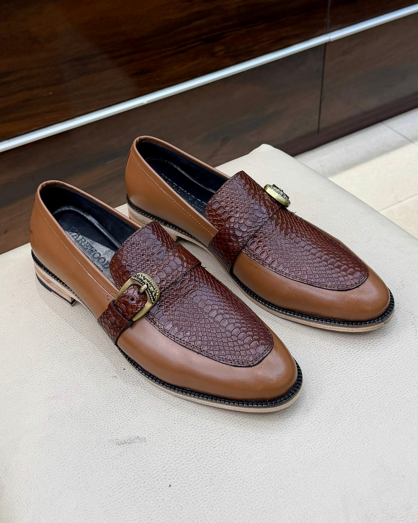 Brown Two-tone Cobra Scaled Single Monk Strap Loafers