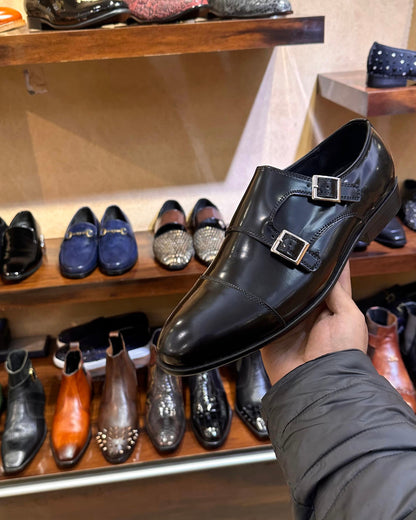 Classic Black Smooth Calf Leather Double Monks