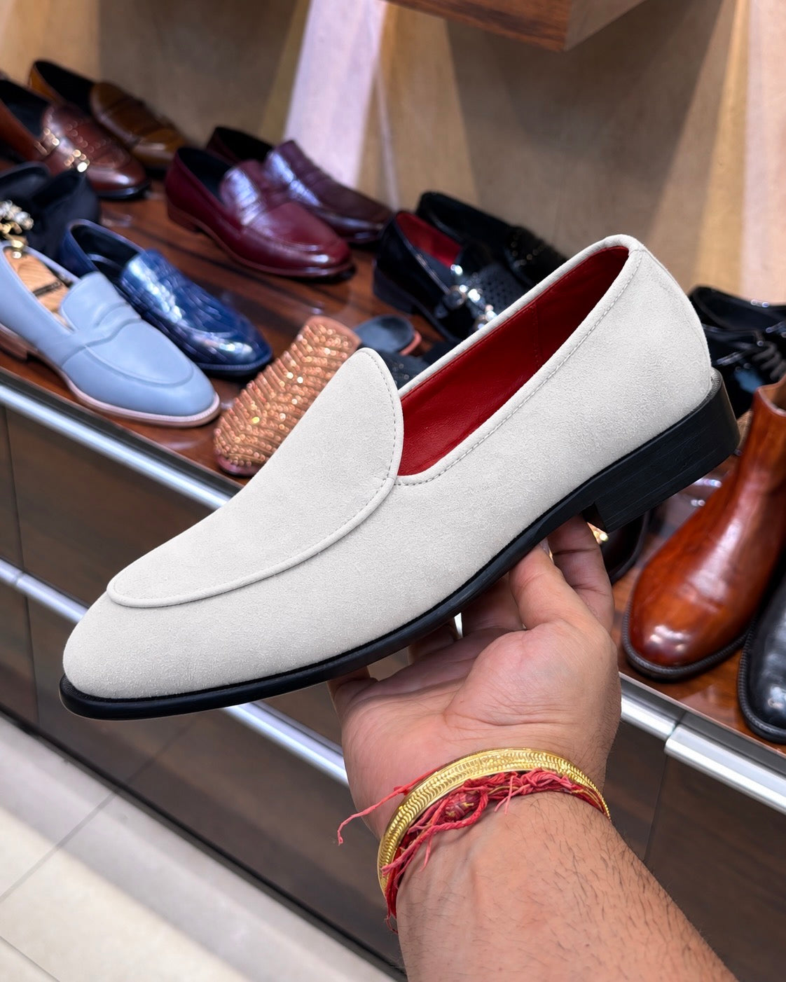 White Suede Belgian Loafers With Red Interior