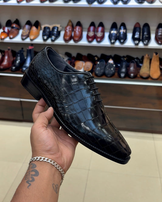 Black Crocodile Scaled Whole-cut Oxfords