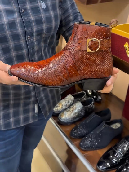 Tan Cobra Scaled Cuban Heel Zip Boots