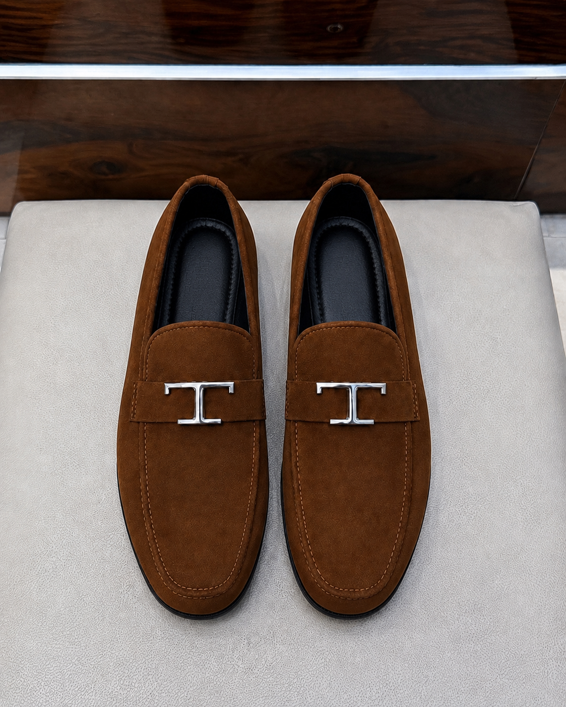 Tobacco Suede Driving Loafers With T Buckle