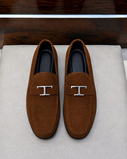 Tobacco Suede Driving Loafers With T Buckle
