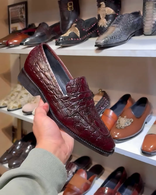 Crocodile Scaled T-Shape Penny Loafers in Wine Shade
