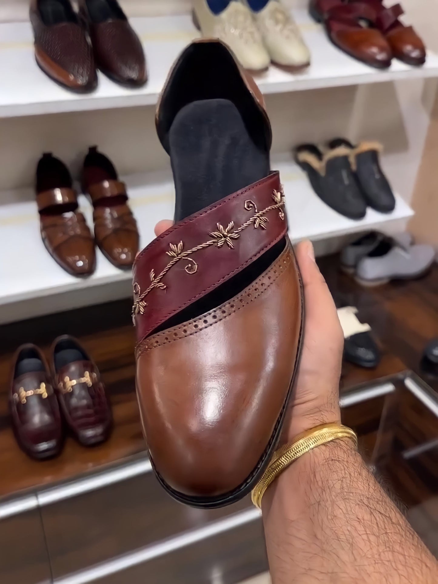 Brown Patina Hand-embroidery Spectator Sandals
