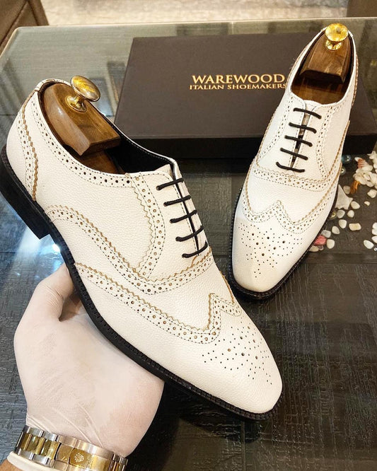 White Leather Wingtip Brogue Oxfords