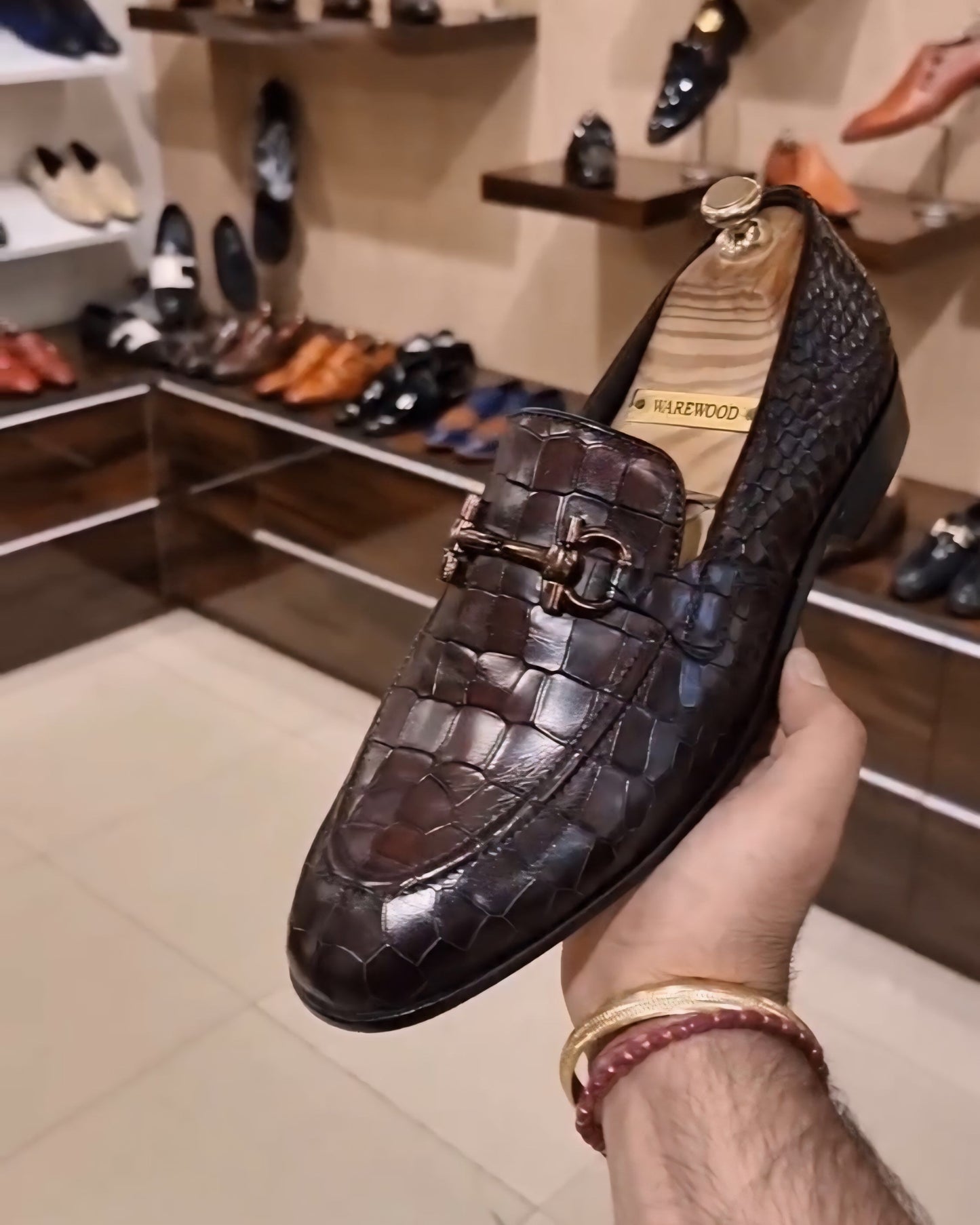 Hand-burnished Crocodile Scaled Moccasins - Brown