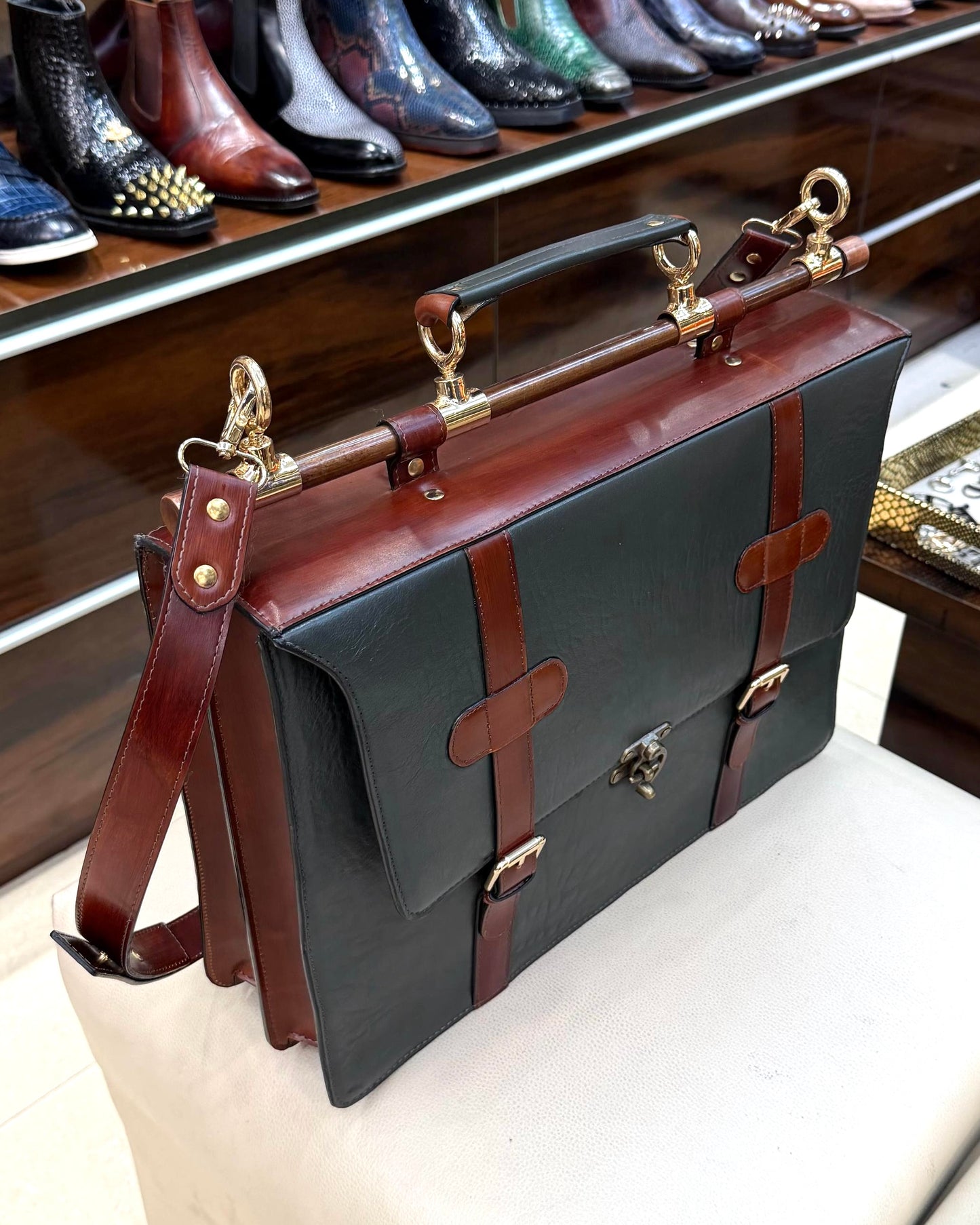 Signature Tan & Olive Green Laptop Bag with Brass Fittings