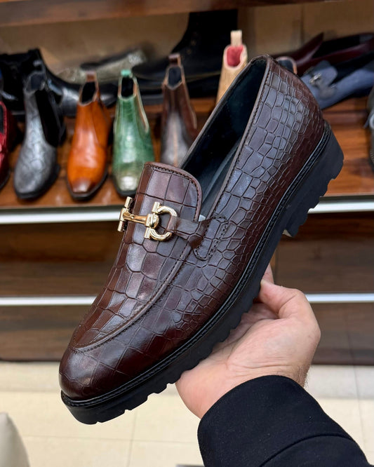 Brown Deep-cut Crocodile Scaled Horsebit Loafers with Lug Sole
