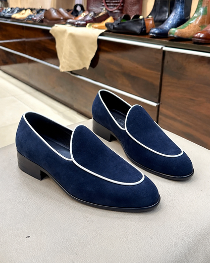 Navy Blue Suede Belgian Loafers With White Piping