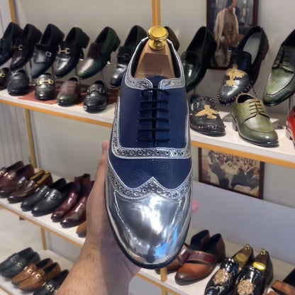 Silver Patent Semi-brogue Wingtip Spectator Oxfords with Rubber Sole