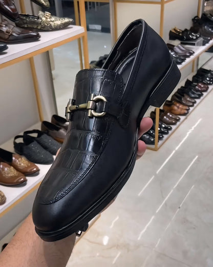 Matt Black Croc Scaled Moccasins with Rubber Sole