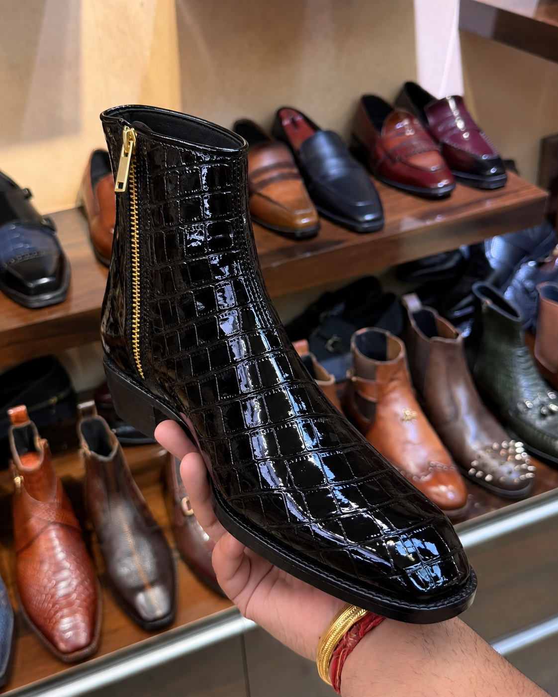 Black Patent Crocodile Zip Boots with Cuban Heel