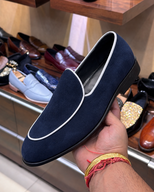 Navy Blue Suede Belgian Loafers With White Piping
