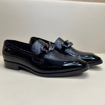 Black Patent Cobra Scaled Moccasins with Gunmetal Chain Buckle