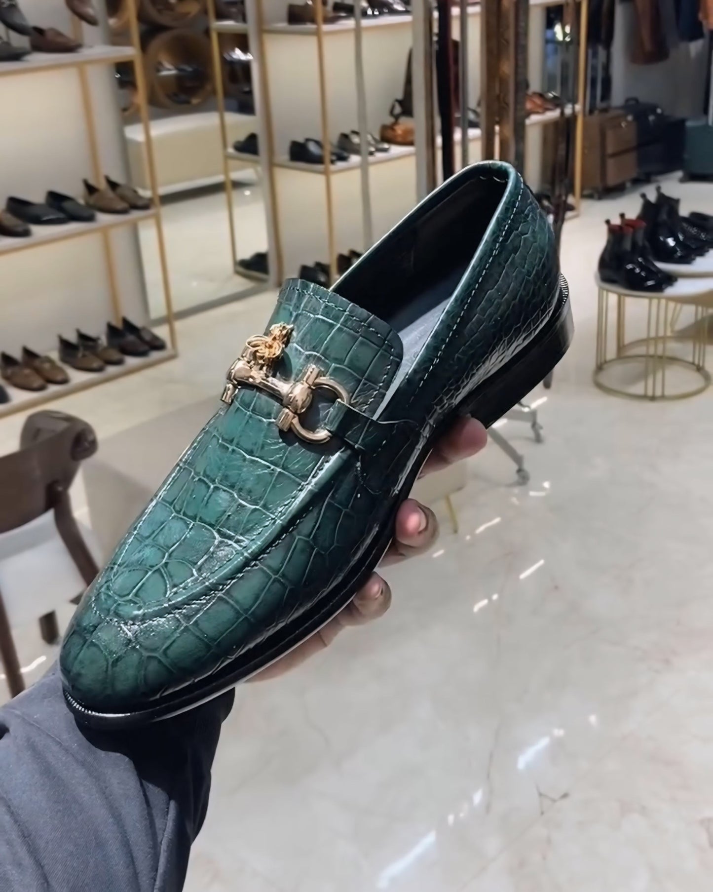 Green Crocodile Scaled Moccasins with Bee