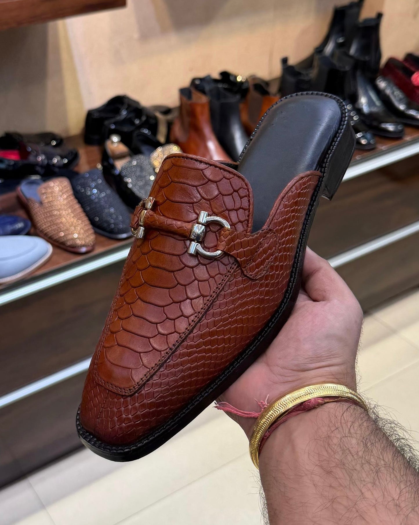 Dark Tan Cobra Scaled Silver Horsebit Mules