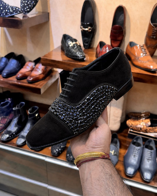 Black Suede Diamond Studded Oxfords With Red Bottom