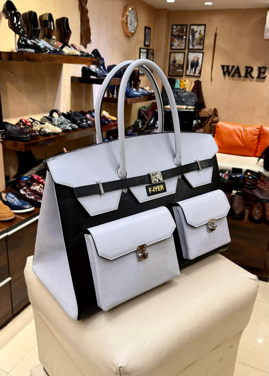 Custom Grey & Black Calfskin Leather Duffel Bag