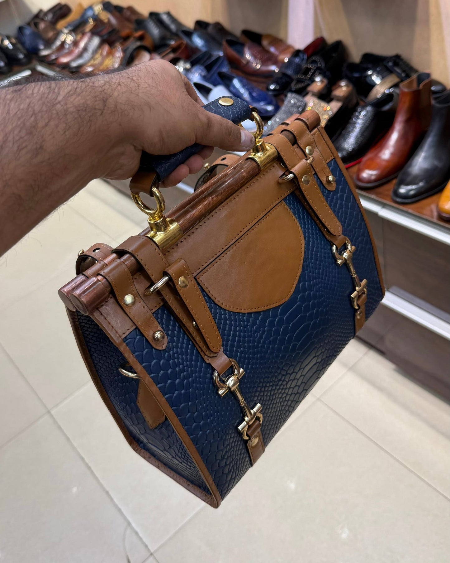 Navy Blue And Medium Brown Handbag